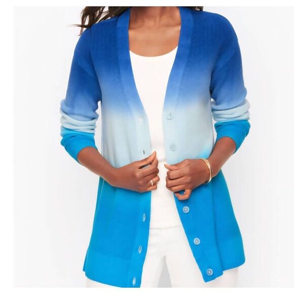 Talbots Sweater Womens Medium Blue Ombre Girlfriend Cardigan Dip Dye Button - Picture 5 of 5